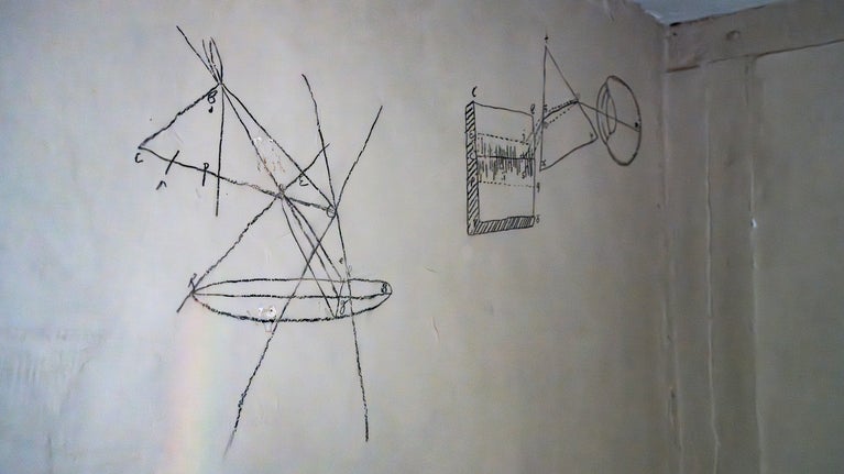 Scientific drawings by Sir Isaac Newton on his bedroom wall at Woolsthorpe Manor, Lincolnshire